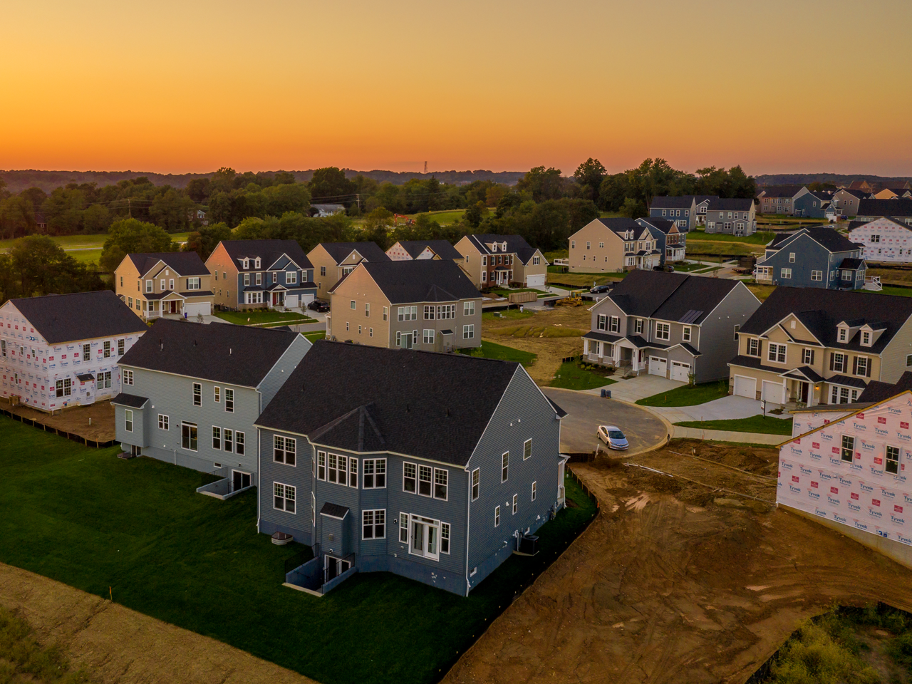 Aerial view of new construction of single family home community 