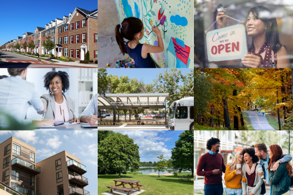 Collage of people and buildings