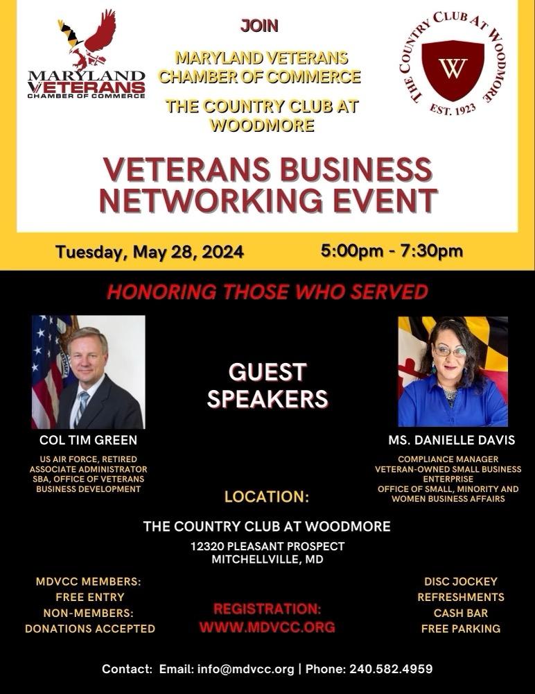 Veterans Business Networking Event Flyer.  Register at www.mdvcc.org