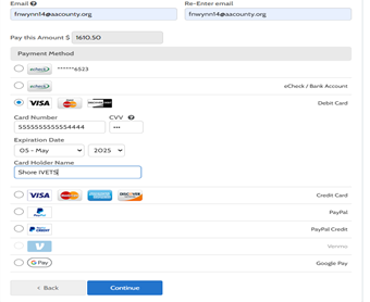 Payment screen with options for picking credit card, echeck, and other methods of payment