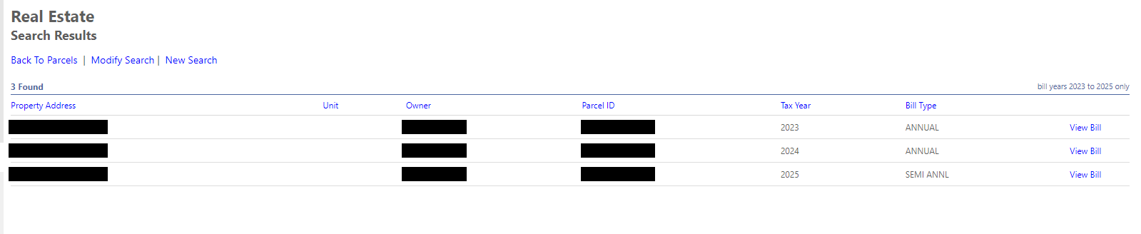 A list of bills for the given Parcel ID in the online billing system