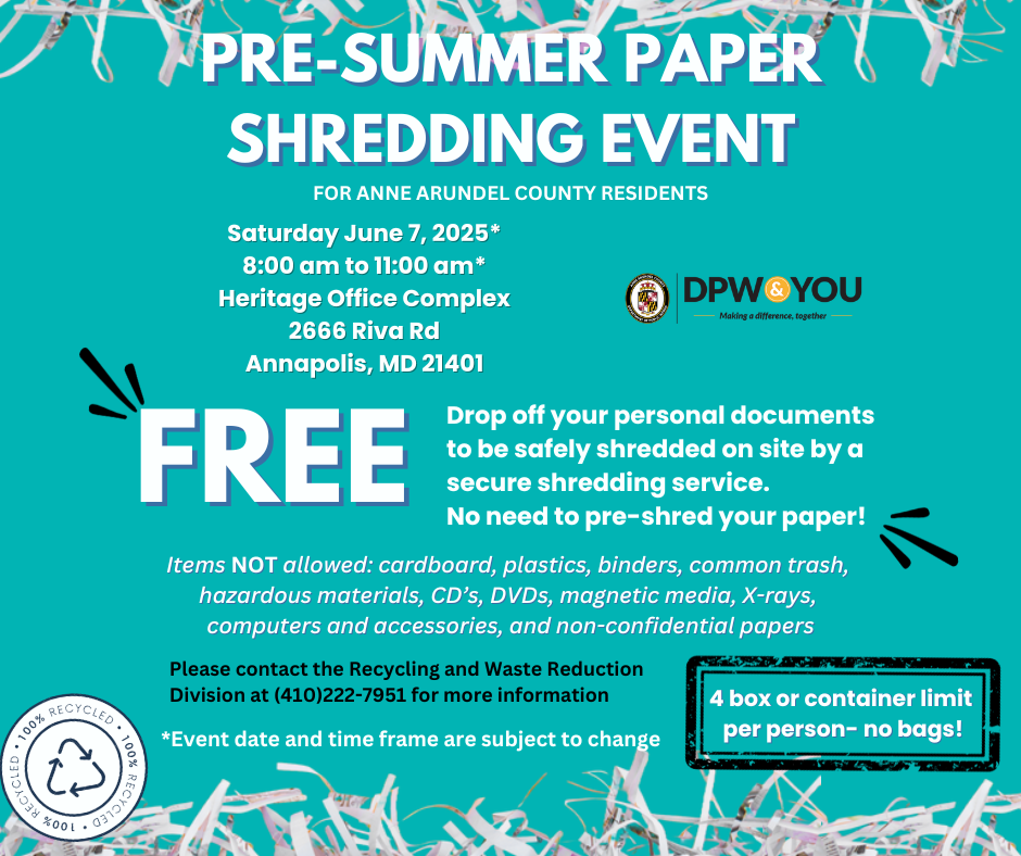 Pre-Summer Paper Shredding Event Flyer for Anne Arundel County Residents, on June 7, 2025 from 8:00 A.M. to 11 P.M. at 2666 Riva Rd Annapolis, MD 21401. Please call (410)222-7951 for more information.