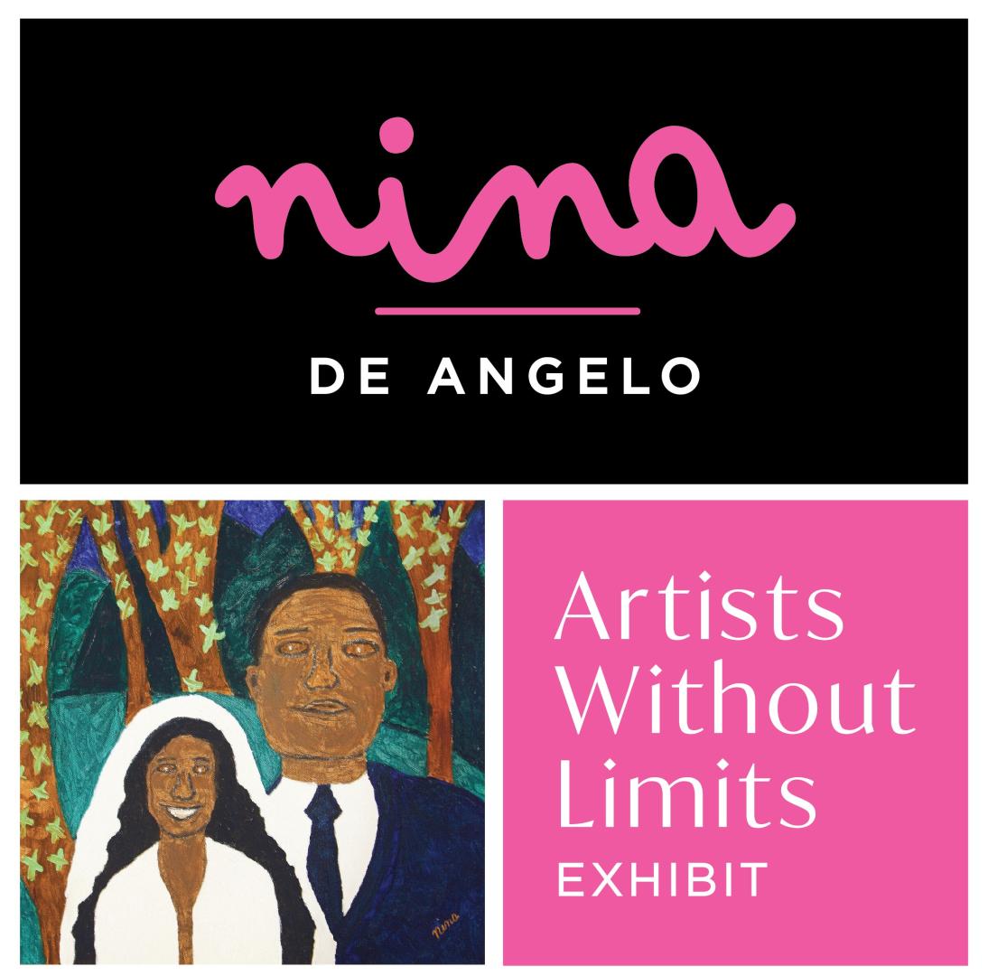 The Nina De Angelo Artists Without Limits logo featuring a painting of a wedding couple