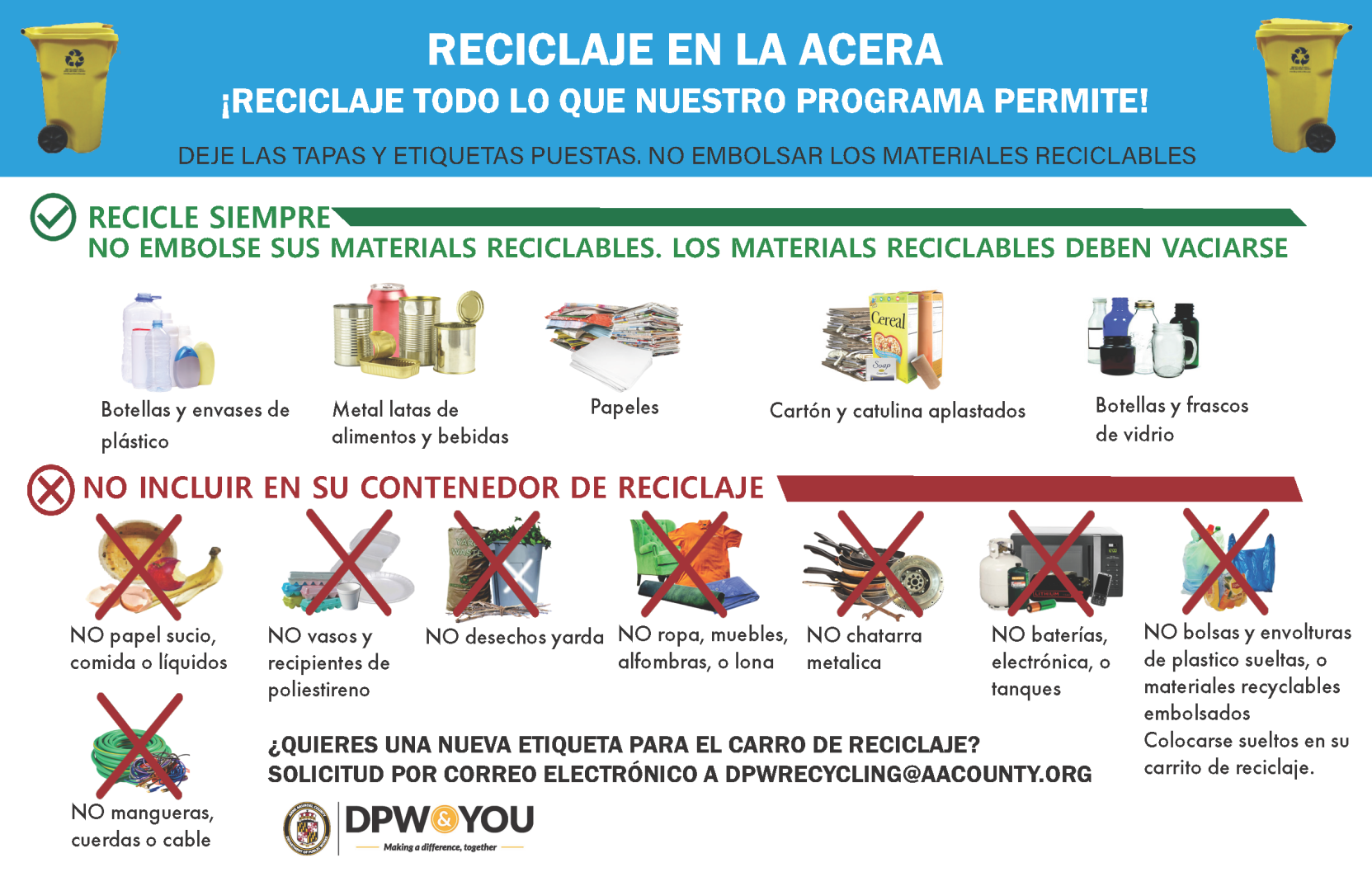 Recycle Cart Label Mailer in Spanish. This label educates residents what is and what is not accepted for curbside recycling.