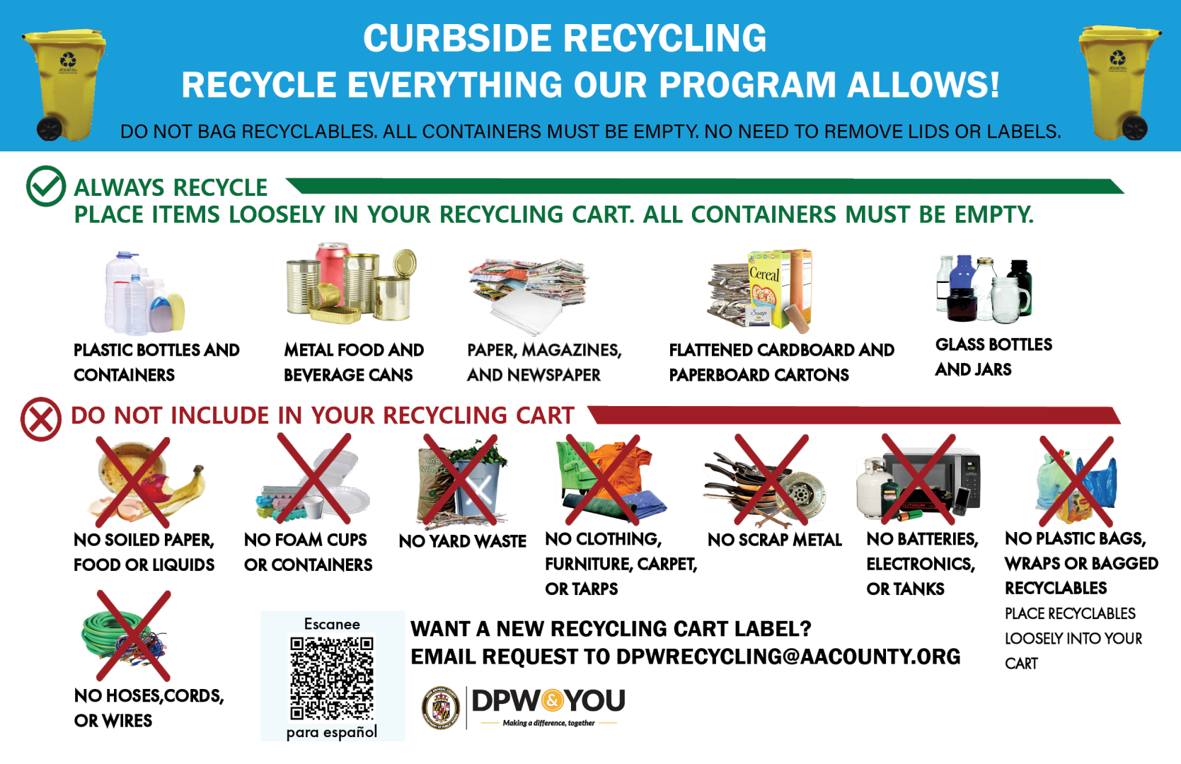 Recycle Cart The front cover of the Recycle Cart label mailer. This label educates residents what is and what is not accepted for curbside recycling.