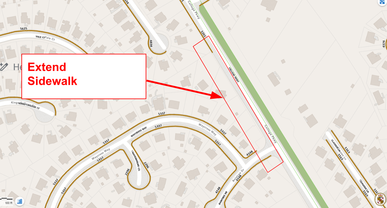 A diagram of the proposed sidewalk extension for Raintree Dr