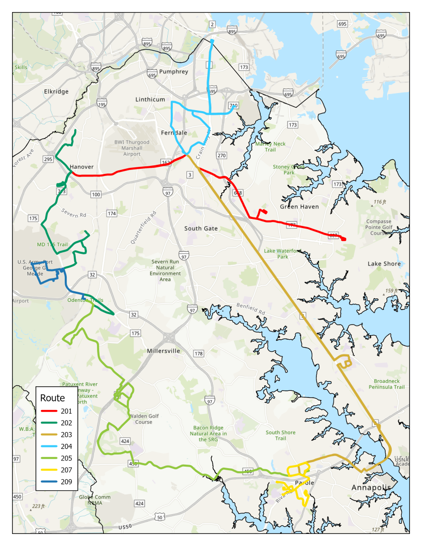 Anne Arundel Transit System Map (7/7/25)