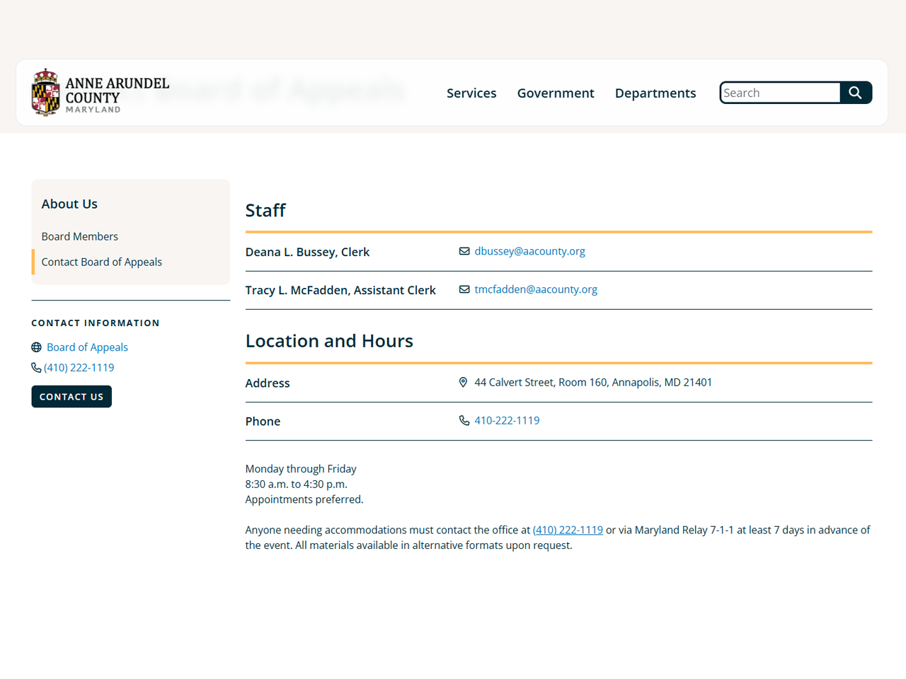 Screen shot from Board of Appeals webpage