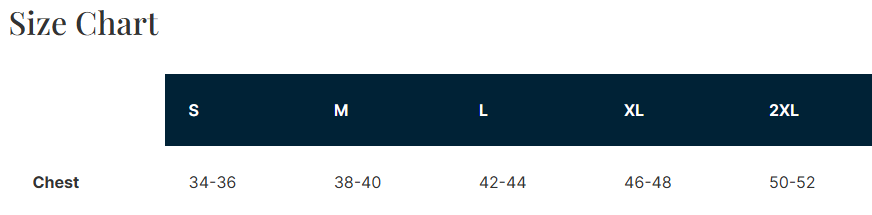 PD fun run tee size chart