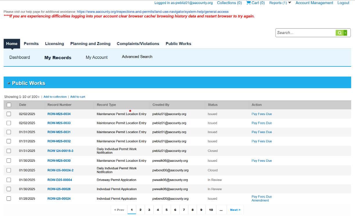 Screenshot of the Anne Arundel County Public Works portal showing a list of permit records with columns for date, record number, status, and actions.