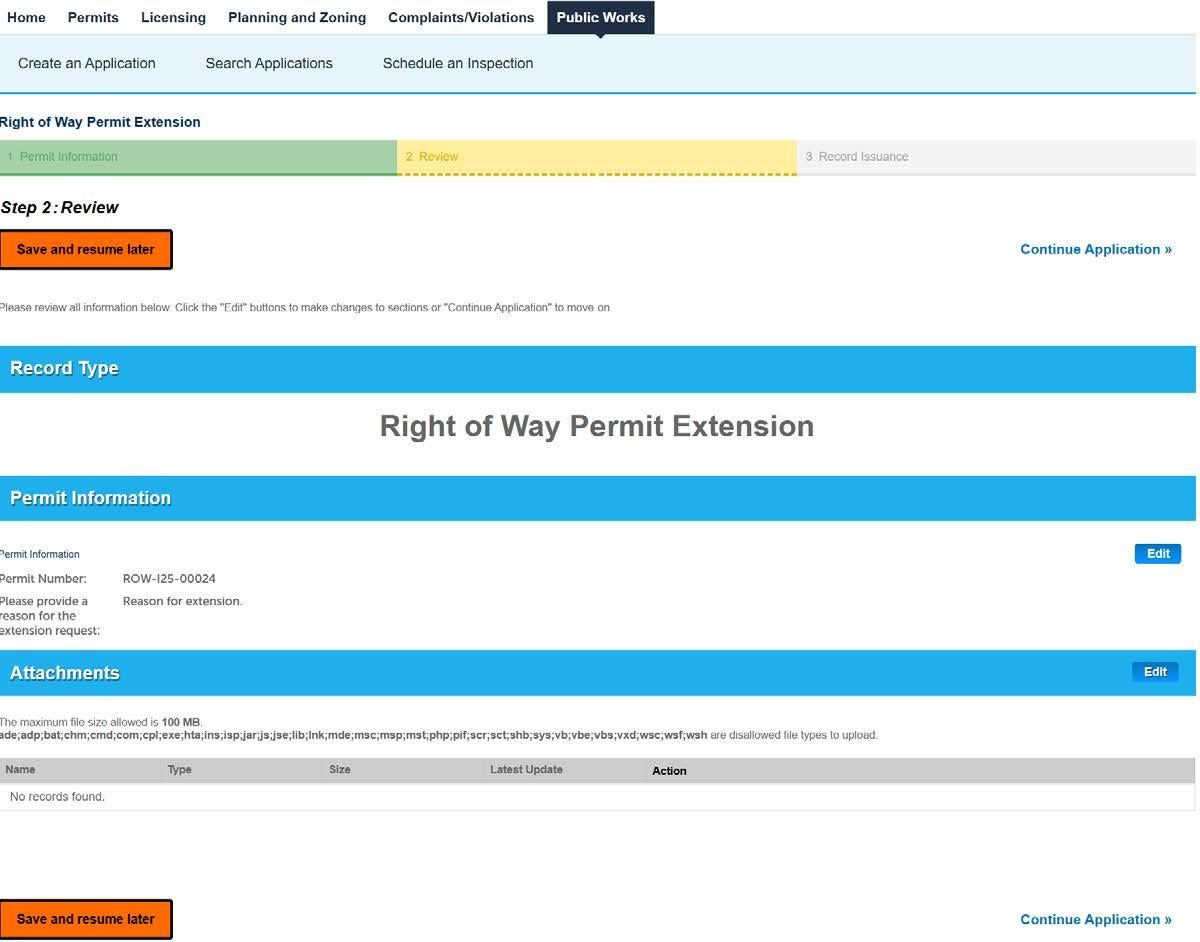 The review screen of the permit application portal, showing the summary of record type, permit information, and attachments before submission.