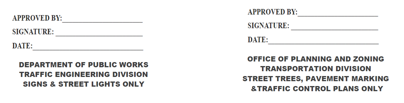 Example approval stamps for street trees, lighting, signage (STLS) plans, and traffic control plans.