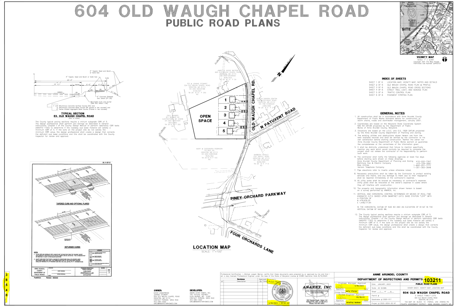 A technical diagram of the Public Road Plans of 604 Old Waugh Chapel Road.
