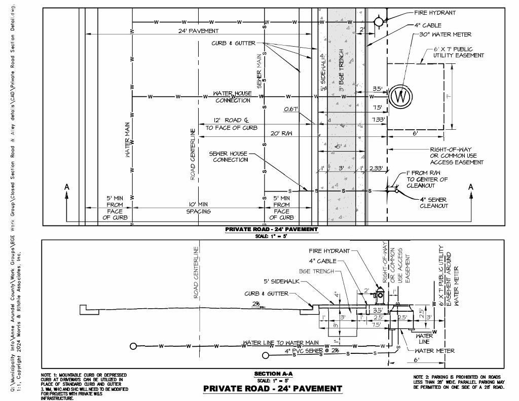 A technical diagram of requirements for 24' pavement on a private road.
