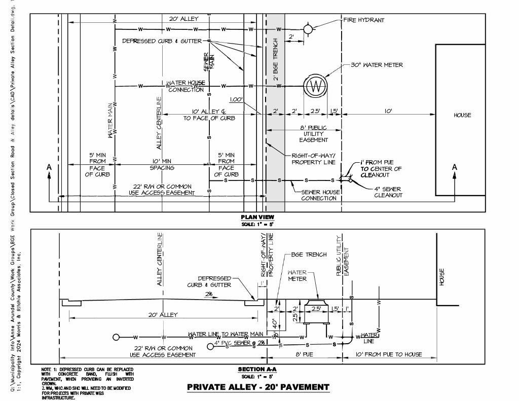 A technical diagram of requirements for 20' pavement in a private alley.
