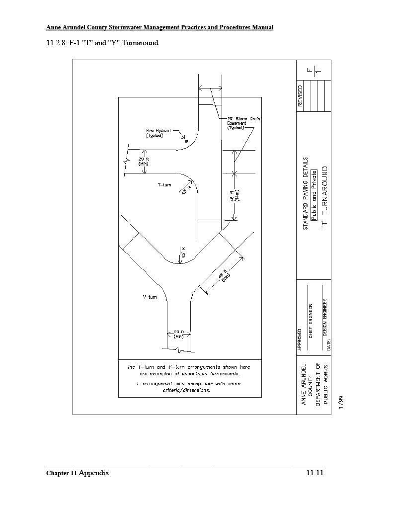 A technical diagram demonstrating standard paving details for "T" and "Y" turnarounds, from the Anne Arundel County Stormwater Management Practices and Procedures Manual.