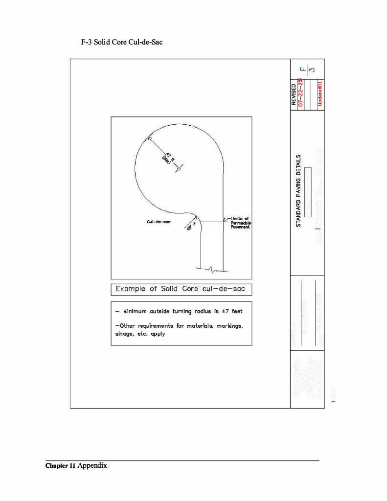 An updated technical diagram demonstrating standard paving details for a F-3 Solid Core Cul-De-Sac, from the Anne Arundel County Stormwater Management Practices and Procedures Manual.