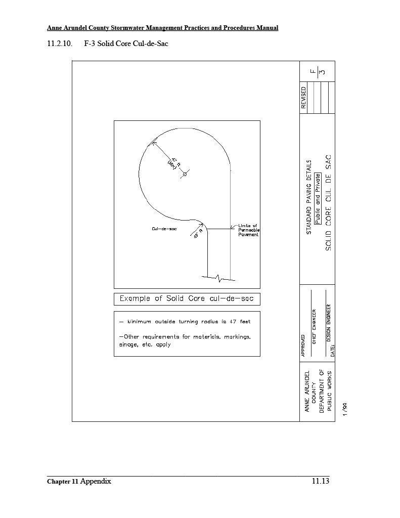 A technical diagram demonstrating standard paving details for a F-3 Solid Core Cul-De-Sac, from the Anne Arundel County Stormwater Management Practices and Procedures Manual.