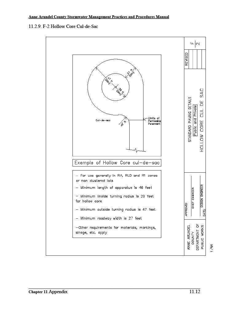 A technical diagram demonstrating standard paving details for an F-2 Hollow Core Cul-De-Sac, from the Anne Arundel County Stormwater Management Practices and Procedures Manual.