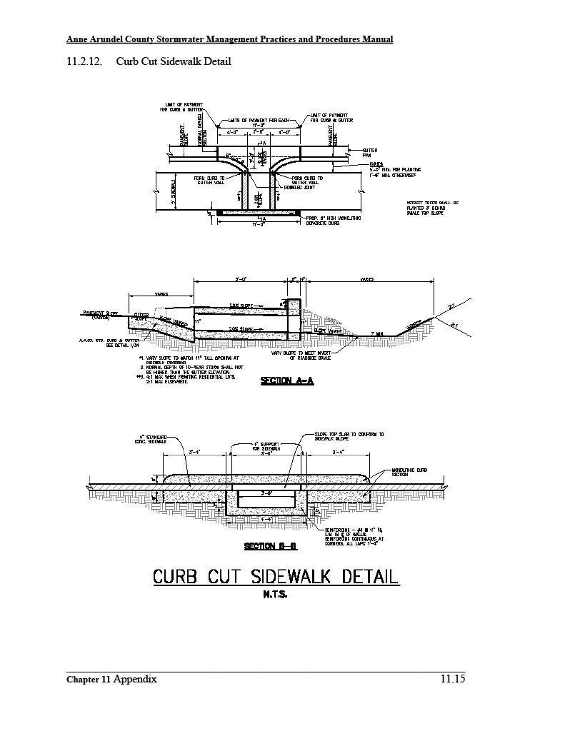 A technical diagram (1 of 2) of a Curb Cut Sidewalk Detail, from the Anne Arundel County Stormwater Management Practices and Procedures Manual.