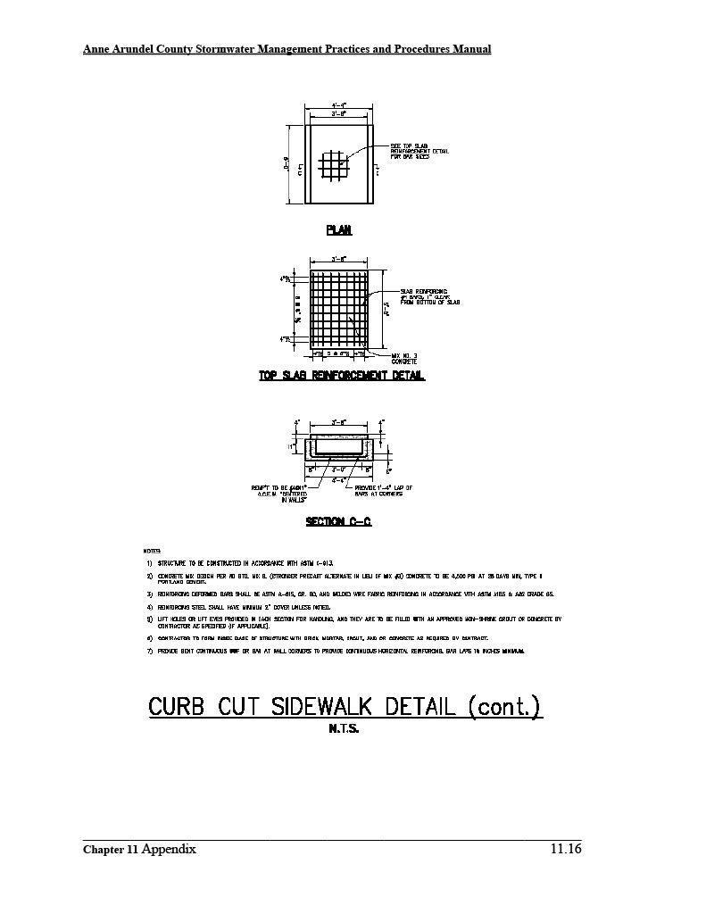 A technical diagram (2 of 2) of a Curb Cut Sidewalk Detail, from the Anne Arundel County Stormwater Management Practices and Procedures Manual.
