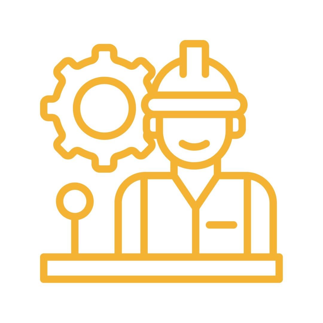 Worker with hard hat and gear icon behind