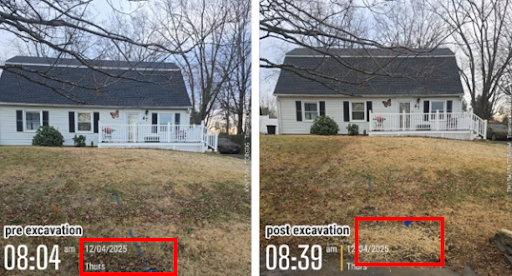 A before an after image of a house that had the excavation work completed.  There is very little disturbance to the property. 