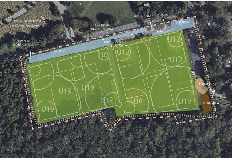 Concept A-3 outlines a baseball-focused master plan that emphasizes flexible, high-density field use. This concept removes the former middle parking lot and driveway to create a large, continuous sports area. Within this space, several multi-purpose and ball fields are layered to support U6, U12, and U19 age groups. Vehicle access shifts west with a new park entrance near the Maryland Veterans Cemetery, while the northern parking area expands. Playground and picnic areas are consolidated in the southeast.