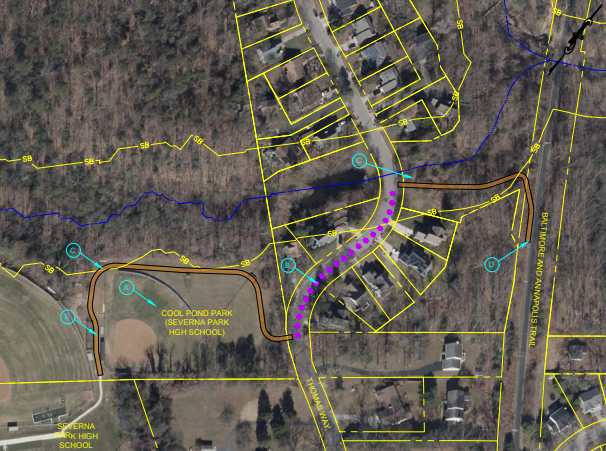 Project map showing the proposed trail connection between the Baltimore & Annapolis Trail and Severna Park High School, highlighting links to nearby community hubs.