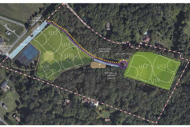 Concept W-2 proposes a dual-field layout separated by a central wooded area. The west side features an expanded sports area with fields for U6, U10, U12, and U19 groups. The east side regrades and expands fields for two U12 and one U19 field. Logistics improve with a new drive, drop-off circle, and 16 parallel spaces in the east, plus extended parking in the west. A new ADA pedestrian path and trail system link the facilities. The playground and picnic area move to a central location to serve the park.