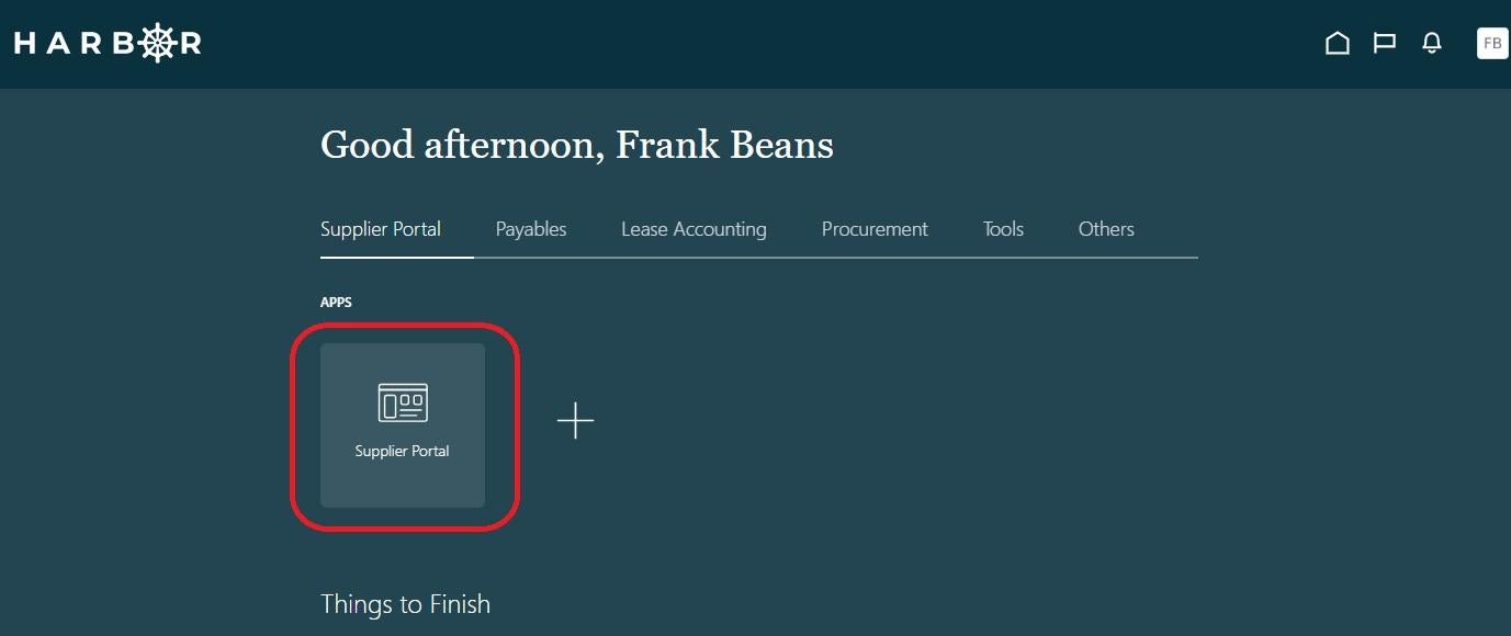 An image of the home page in Harbor with the Supplier Portal icon selected
