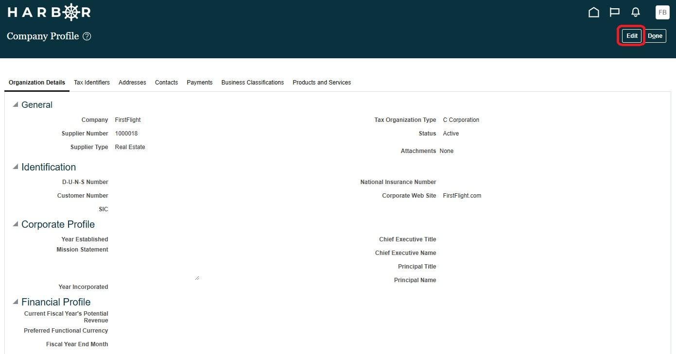 The company profile screen in harbor.  The edit button in the upper right hand corner has a red circle around it. 