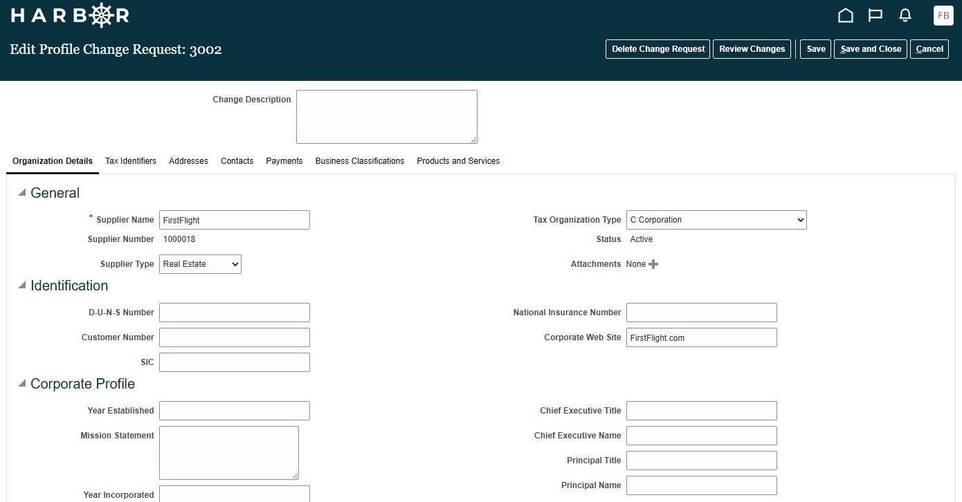 Screenshot of the Edit Profile Change Request screen