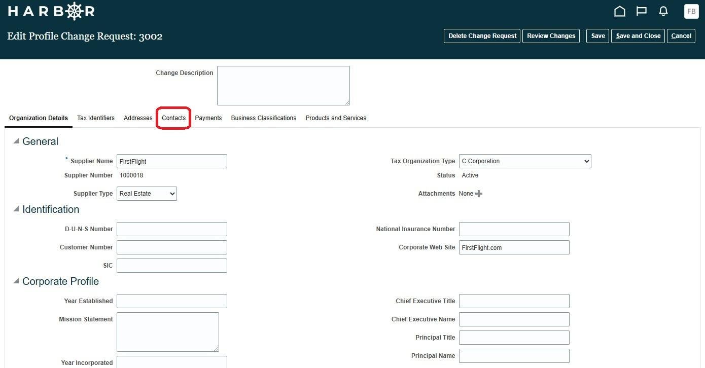 Screenshot of the Edit Profile Change Request screen with a red circle around the Contacts navigation link