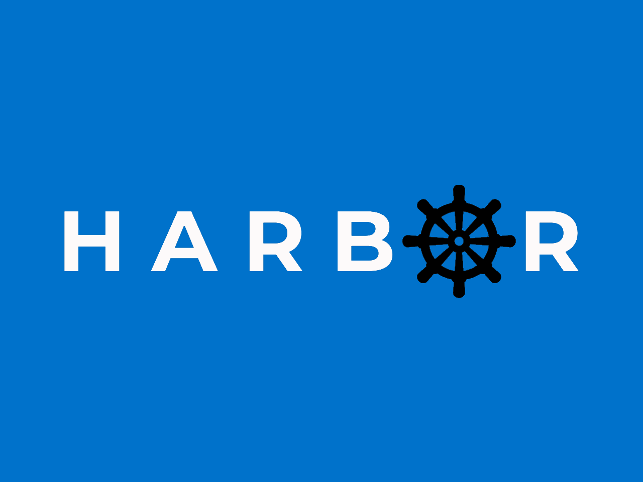 The word harbor on a blue background.  The O in the word harbor is a boat steering heel