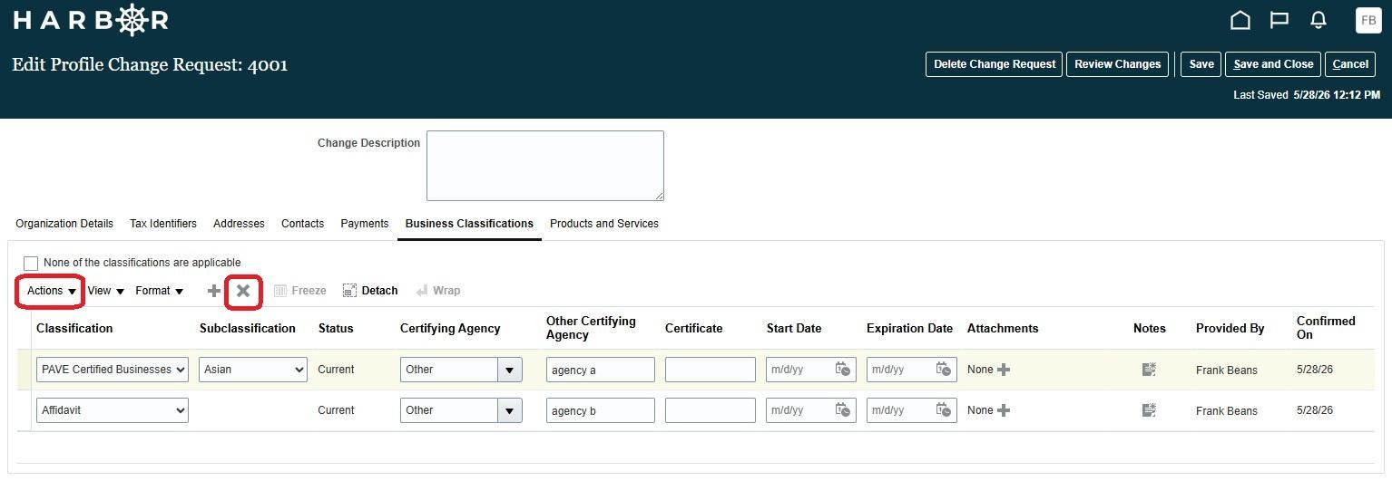 The "Edit Profile Change Request: 4001" interface on the HARBOR web portal under the active "Business Classifications" tab. On the data table toolbar, two red rounded rectangles highlight the "Actions" dropdown menu button and the active "X" (Delete) icon button. Below, the table displays the populated records for "PAVE Certified Businesses" and "Affidavit," with the top row selected for modification. Standard global action options like "Save and Close" sit in the upper right.