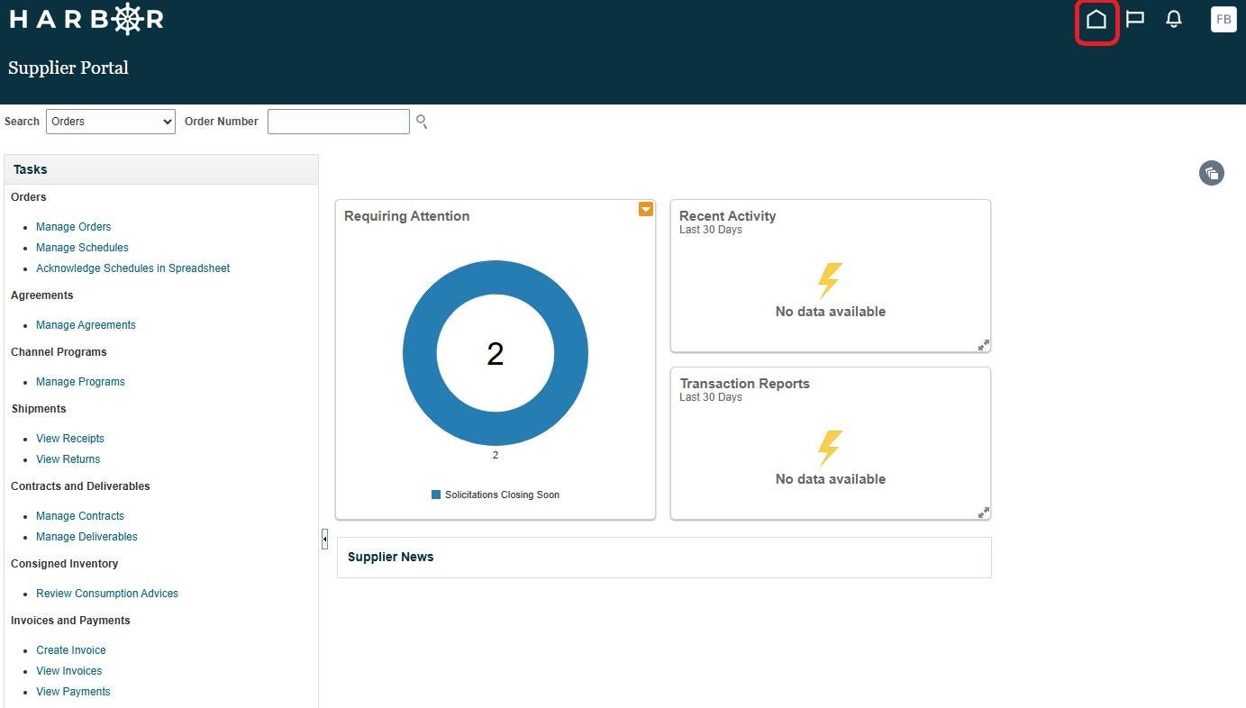 The main dashboard of the HARBOR "Supplier Portal." In the top right corner of the dark banner header, a red rounded rectangle highlights the home icon button. The left side features a "Tasks" menu with navigation links for Orders, Shipments, and Invoices. The central section displays dashboard widgets, including a large blue donut chart labeled "Requiring Attention" indicating two "Solicitations Closing Soon," alongside empty widget boxes for "Recent Activity" and "Transaction Reports."