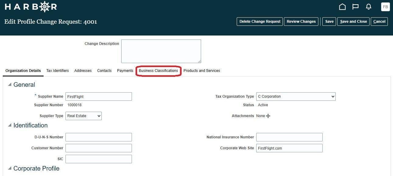 The "Edit Profile Change Request: 4001" interface on the HARBOR web portal. The horizontal navigation menu highlights a red rounded rectangle around the "Business Classifications" tab to indicate it as the target selection. The "Organization Details" form remains visible below, showing populated fields for "FirstFlight" as the Supplier Name and "1000018" as the Supplier Number alongside various blank fields under the Identification section. Global action buttons line the upper right header banner.