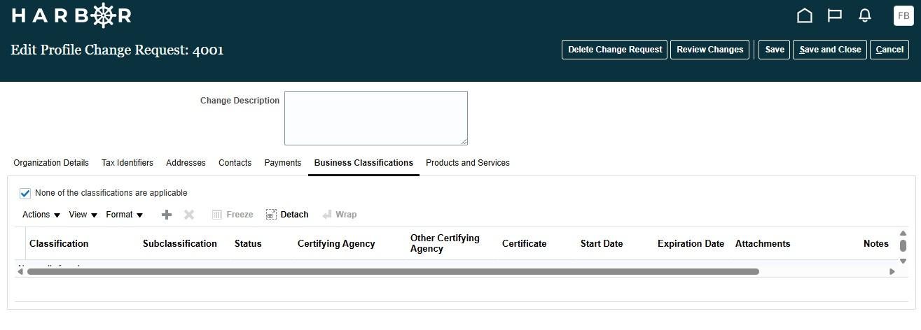 The "Edit Profile Change Request: 4001" interface on the HARBOR web portal, with the "Business Classifications" tab now active. A checked checkbox reads "None of the classifications are applicable" above an empty table toolbar. The data table contains column headers for Classification, Subclassification, Status, Certifying Agency, Other Certifying Agency, Certificate, Start Date, Expiration Date, Attachments, and Notes, but contains no visible rows. Standard header buttons like "Save" are at the top right.