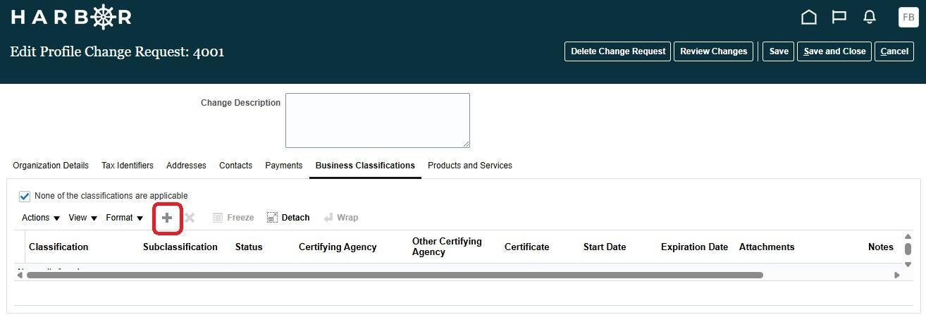 The "Edit Profile Change Request: 4001" interface on the HARBOR web portal under the active "Business Classifications" tab. A red rounded rectangle highlights the "+" (Add) icon button on the table toolbar, which sits next to the deactivated "X" (Remove) icon. A checked checkbox stating "None of the classifications are applicable" is located above the toolbar. The empty data table displays column headers like Classification, Subclassification, and Status. Global action buttons sit in the top right.