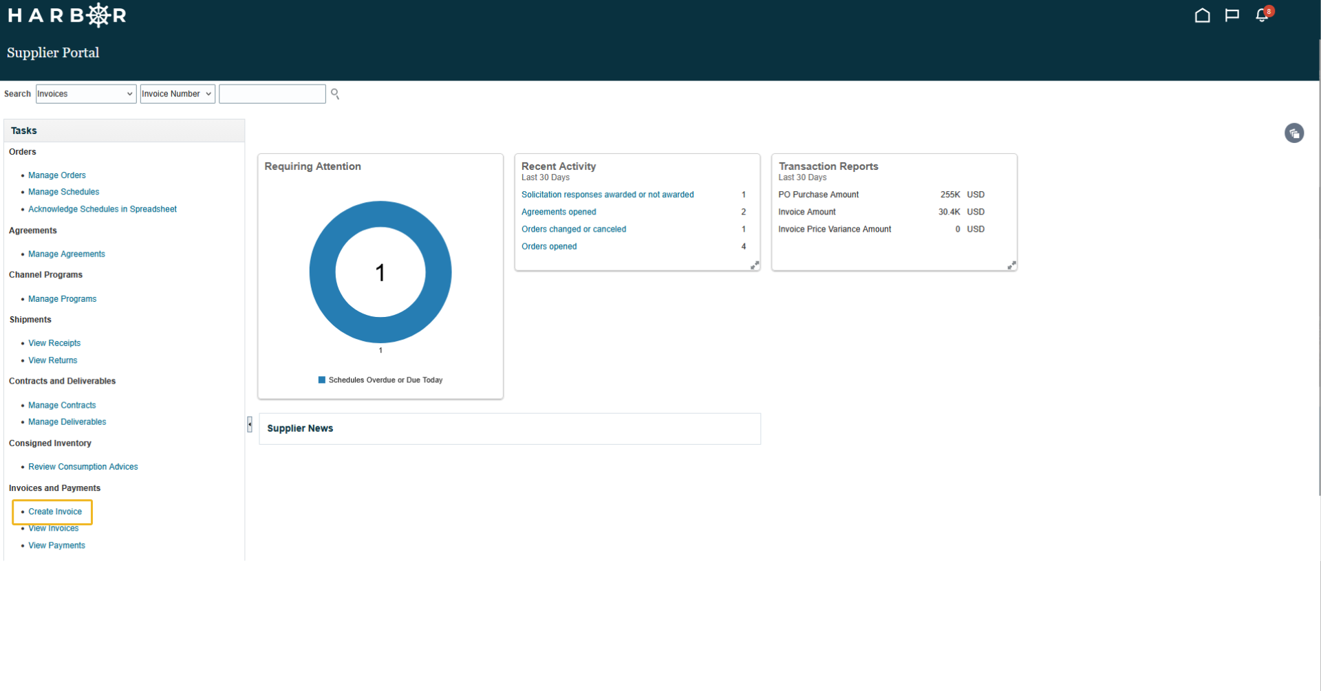 The "3 - create invoice.png" image shows the HARBOR Supplier Portal dashboard with "Create Invoice" highlighted in the left sidebar.