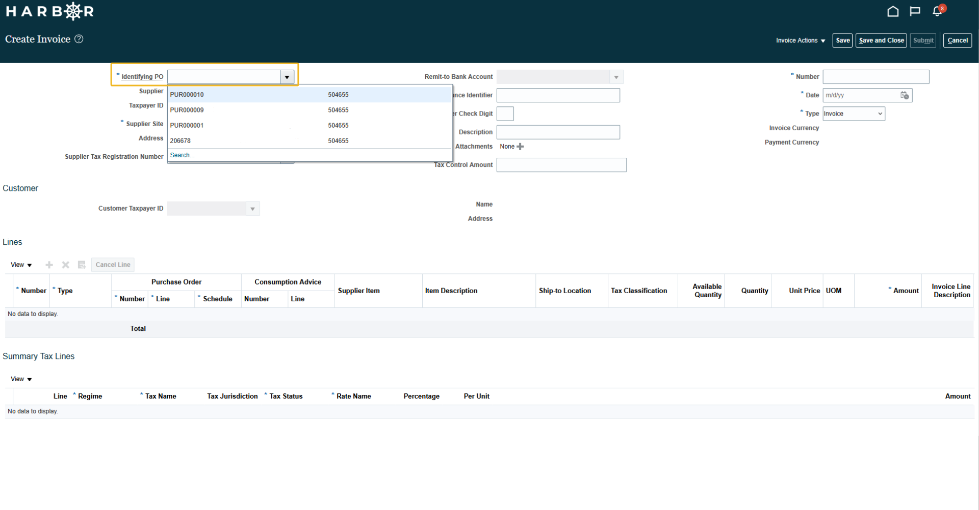 The "4 - create invoice.png" image shows the HARBOR "Create Invoice" page with the "Identifying PO" dropdown list highlighted in yellow.