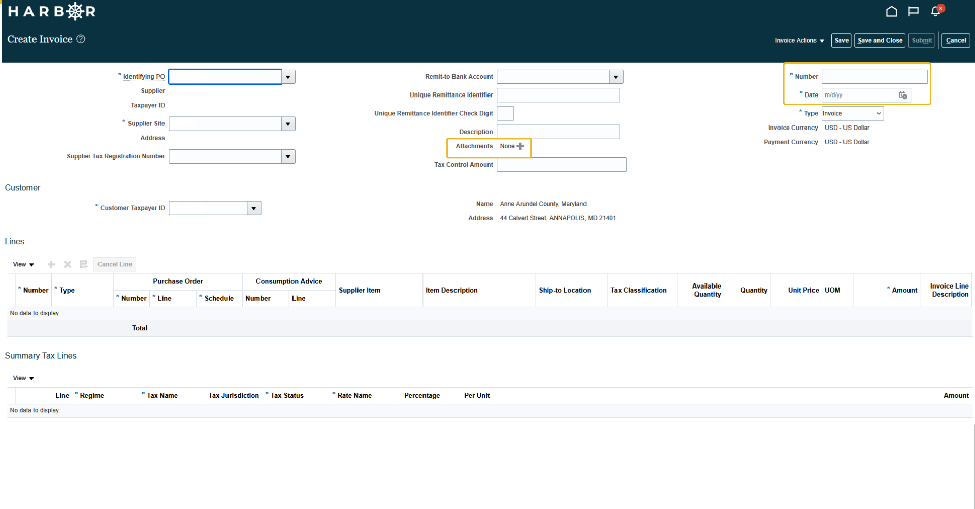 The "5 - create invoice.png" image shows the HARBOR "Create Invoice" page with Number, Date, and Attachments fields highlighted in yellow.
