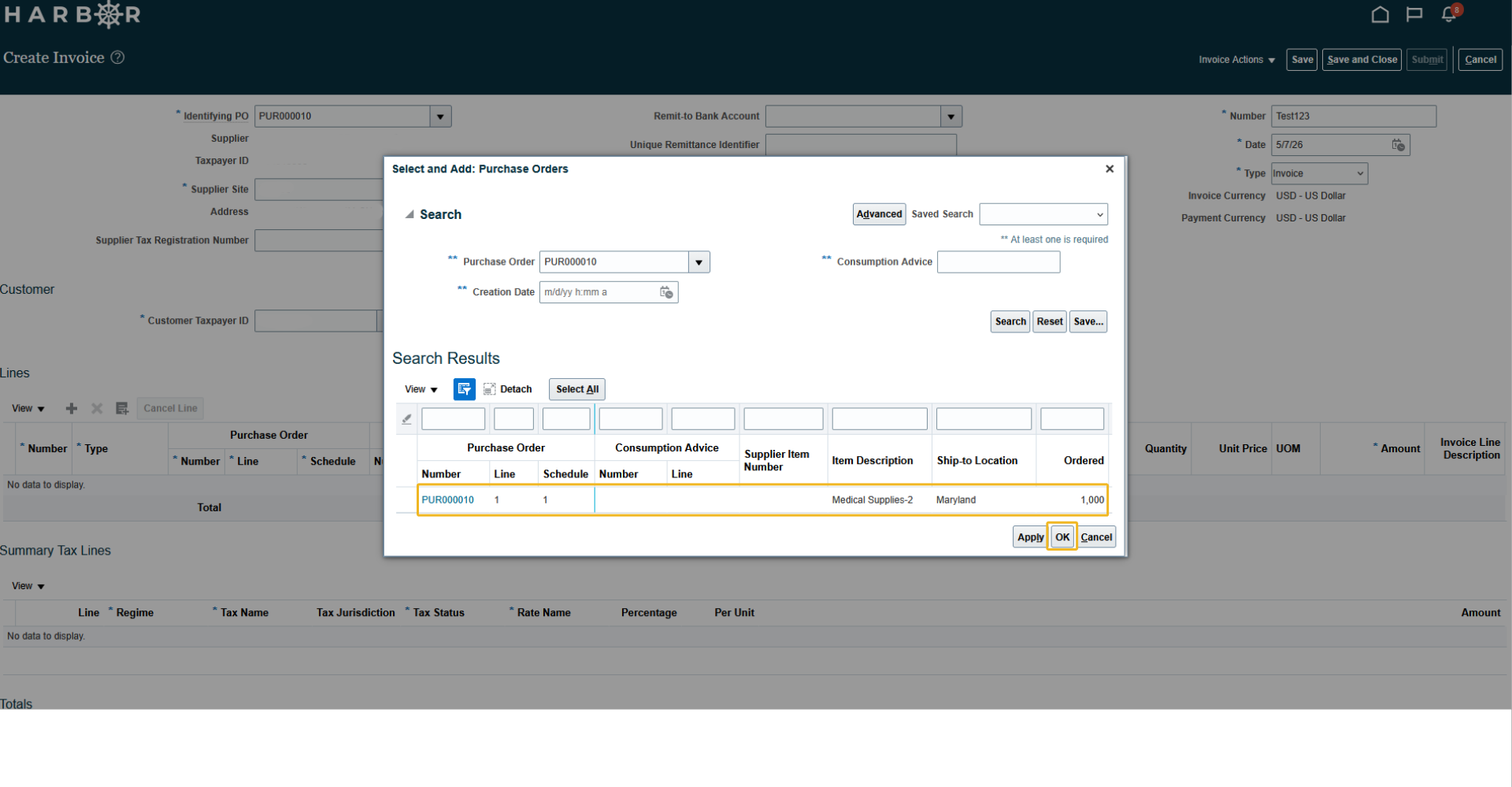 The "7 - create invoice.png" image shows a "Select and Add: Purchase Orders" pop-up over the invoice page, with an order highlighted.