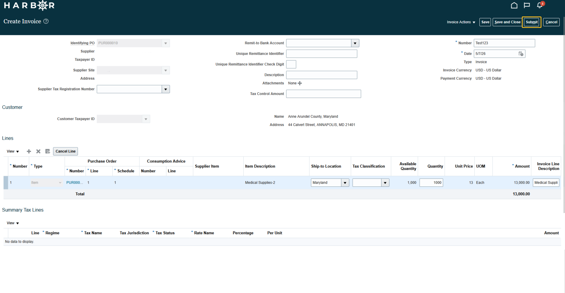 The "8 - create invoice.png" image shows the HARBOR "Create Invoice" page with the "Submit" button highlighted in yellow.
