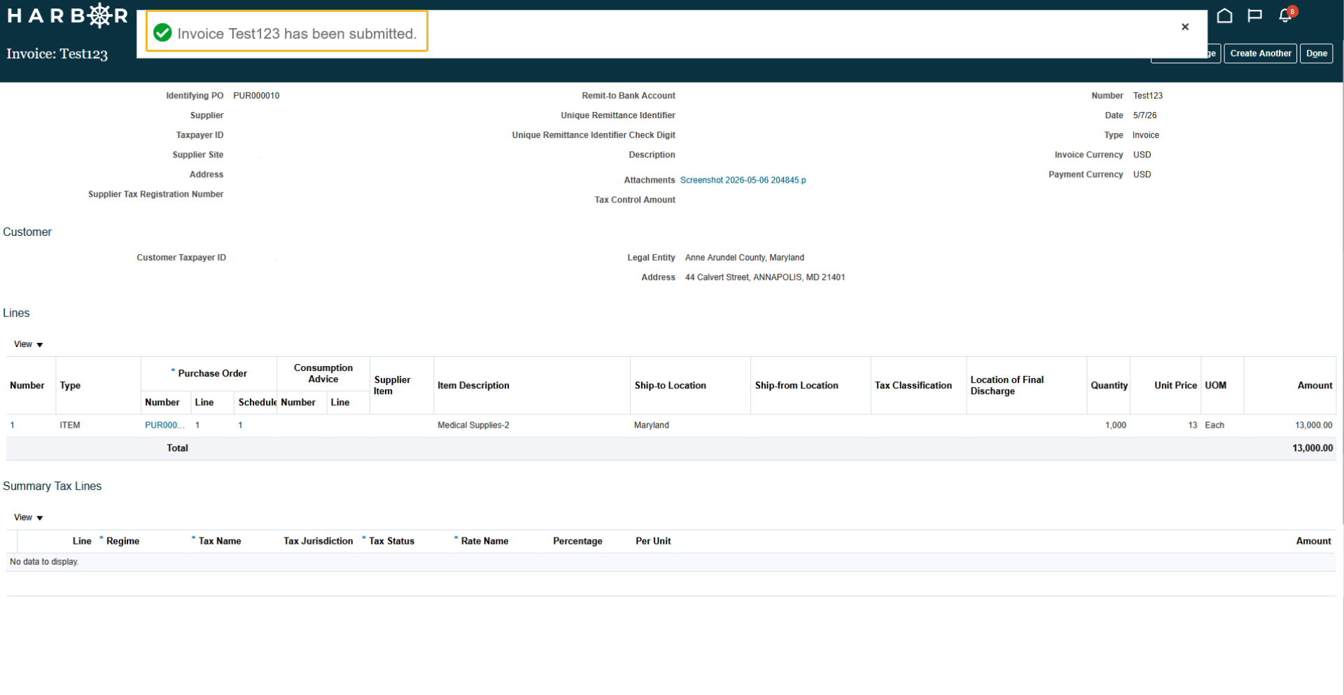 The "9 - create invoice.png" image shows a HARBOR confirmation page with a "Invoice Test123 has been submitted" banner highlighted in yellow.