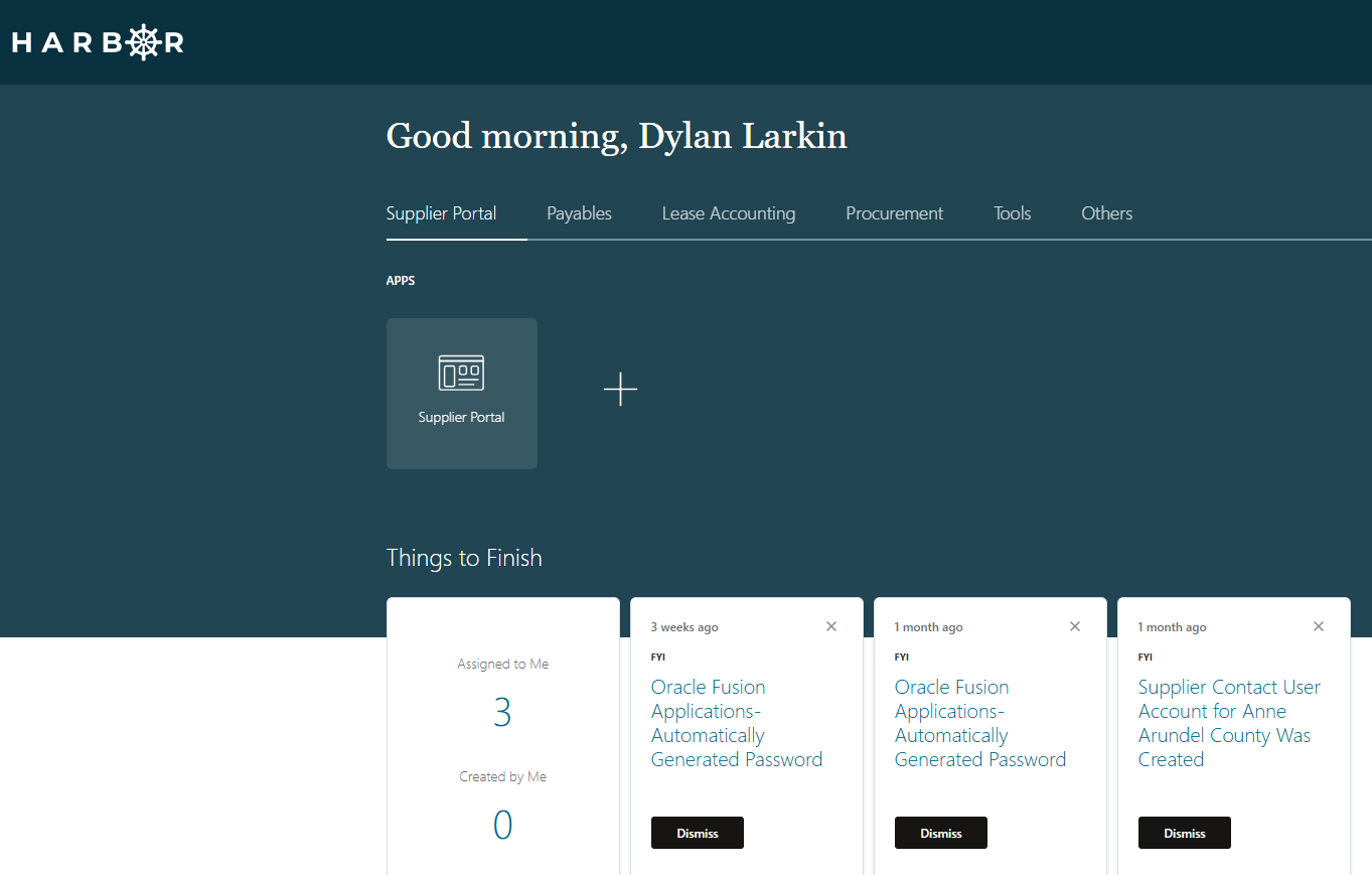 The "harbor login 11.png" image shows the HARBOR homepage dashboard for Dylan Larkin with a Supplier Portal icon and notification cards.