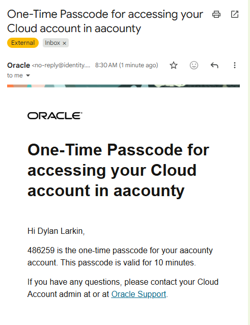 The "harbor login 8.png" image shows an automated email from Oracle providing a verification one-time passcode for aacounty.