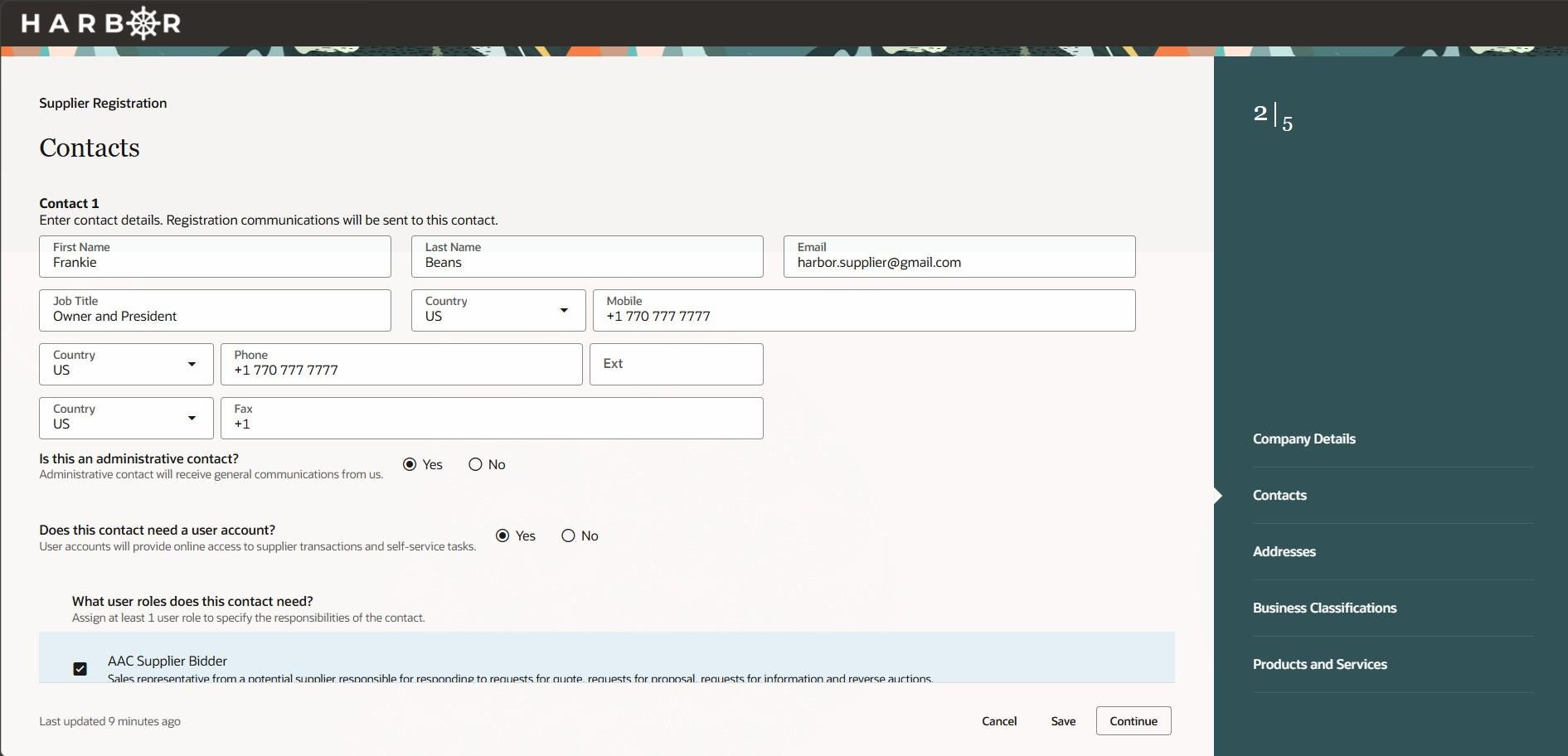 The "How to register 12.jpg" image shows step 2 of 5, "Contacts," on the HARBOR form with details filled for contact Frankie Beans.
