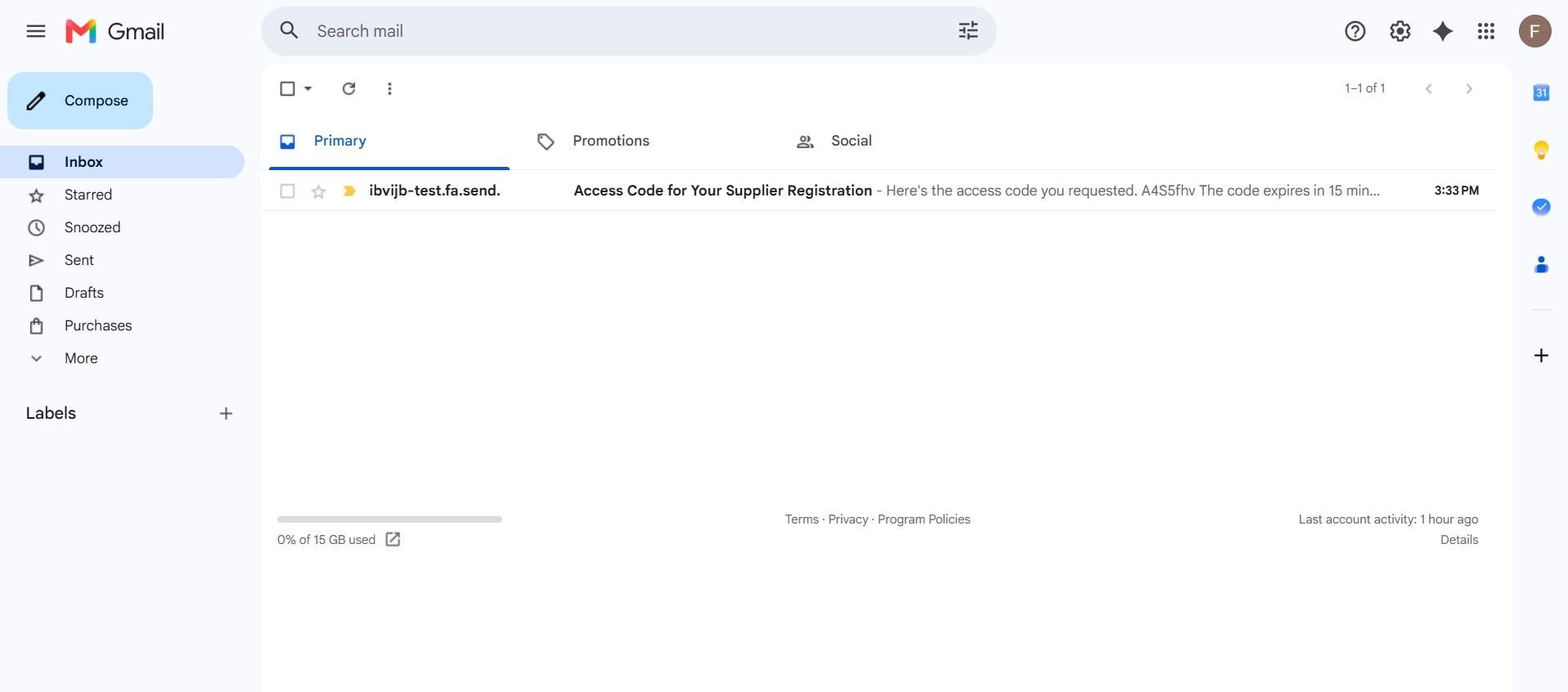 A Gmail inbox page displaying an unread email with the subject line "Access Code for Your Supplier Registration".